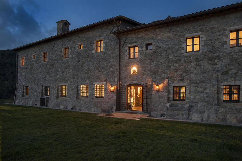 Monastery exterior at dusk